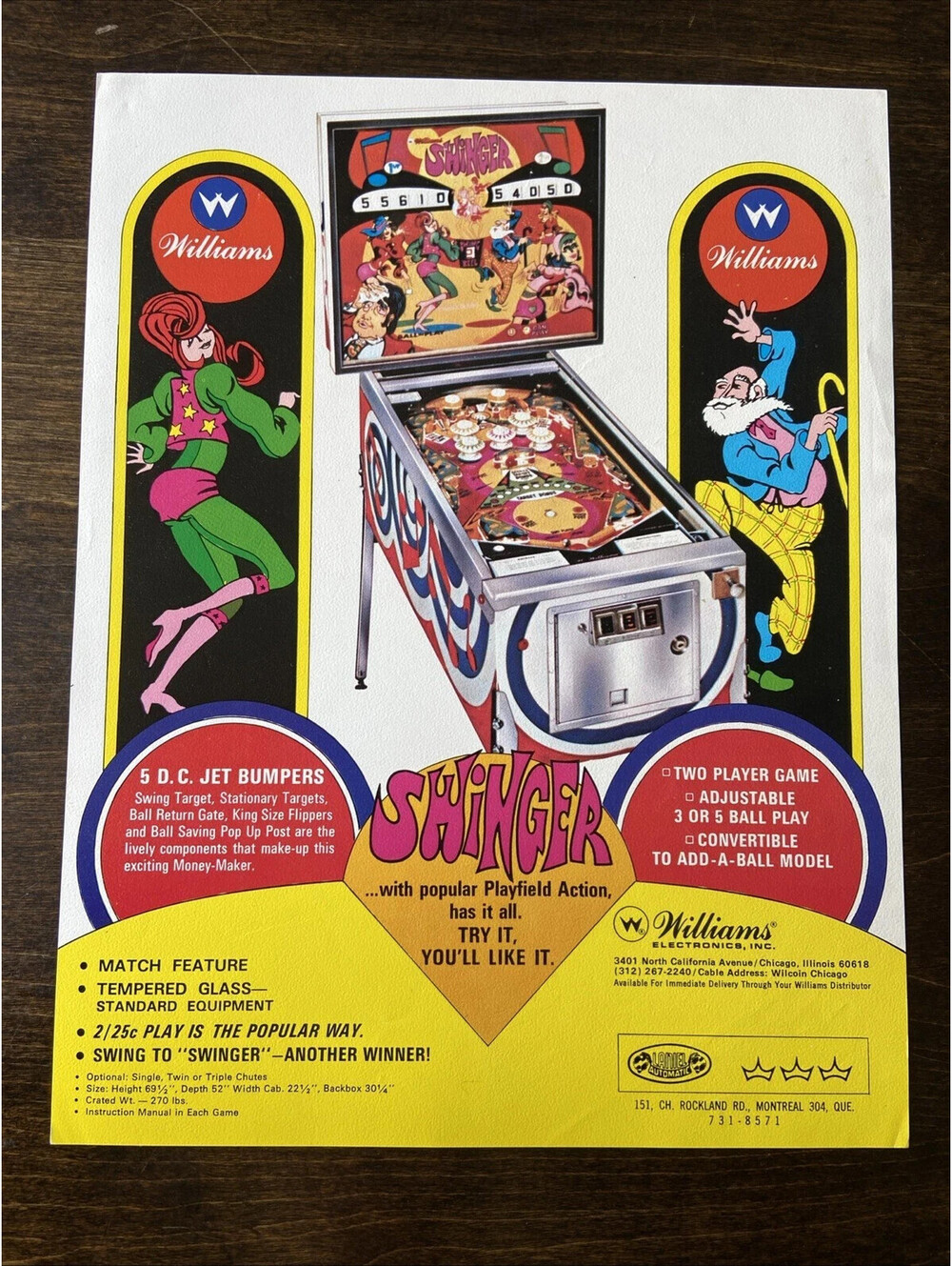 Willians Swinger Pinball Machine FLYER Original 1971 Ad Promo Insert